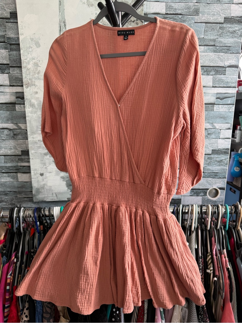 Miou Muse Coral-Peach Smocked Waist Mini Dress or Tunic